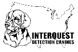 Interquest Detection Canines logo black outline of United States and face of dog 